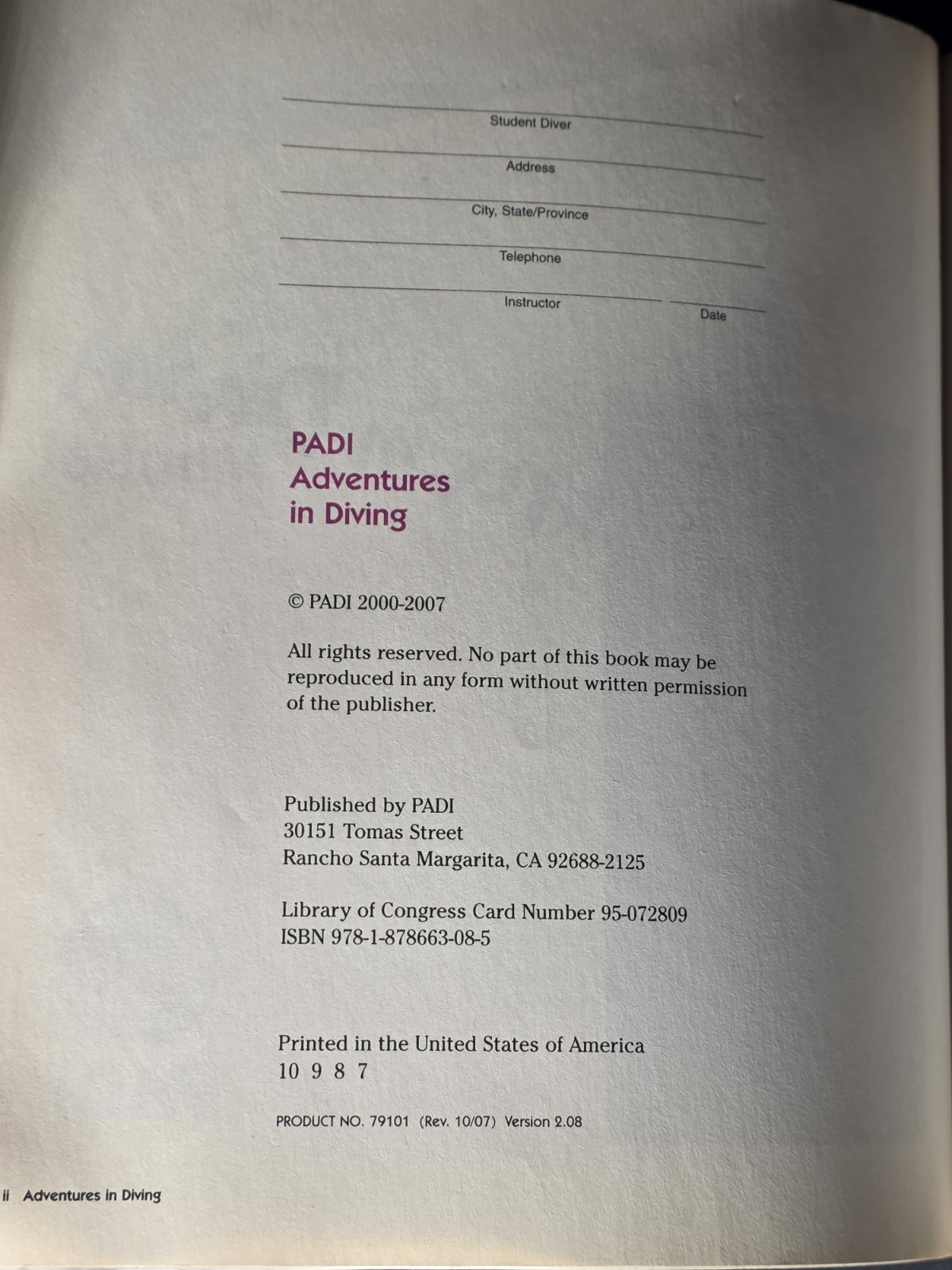 PADI Adventures in Diving Manual Paperback 2.08 VG Condition 373 Pages