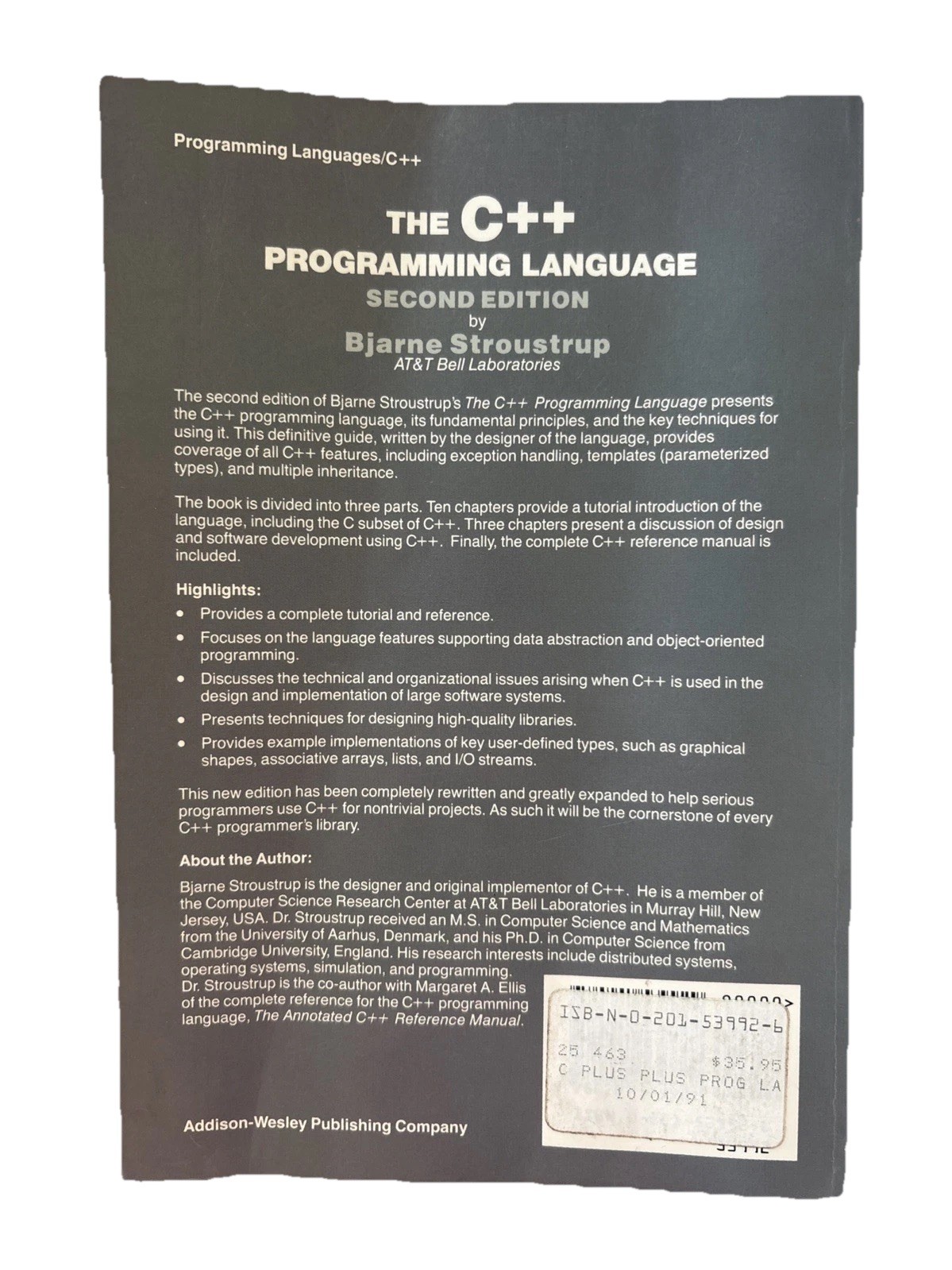 The C++ Programming Language Book Second Edition by Bjarne Stroustrup Computer