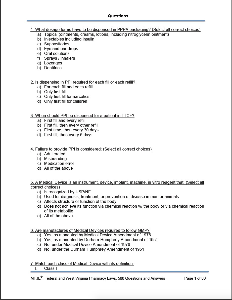 MPJE Federal & WV Pharmacy Law 500 Questions & Answers *Free Ship*