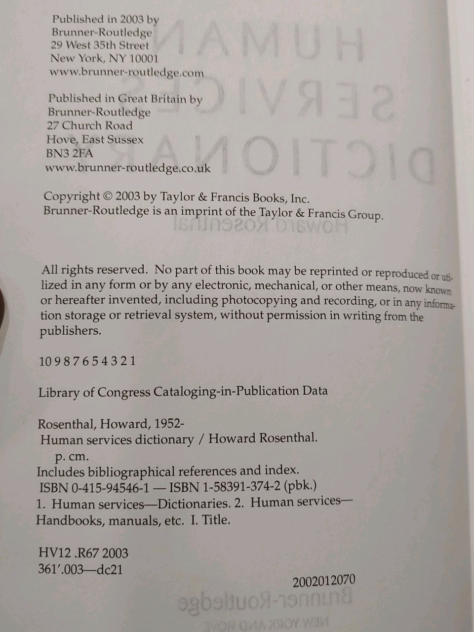 Human Services Dictionary by Howard Rosenthal (2003, Uk-B Format Paperback)