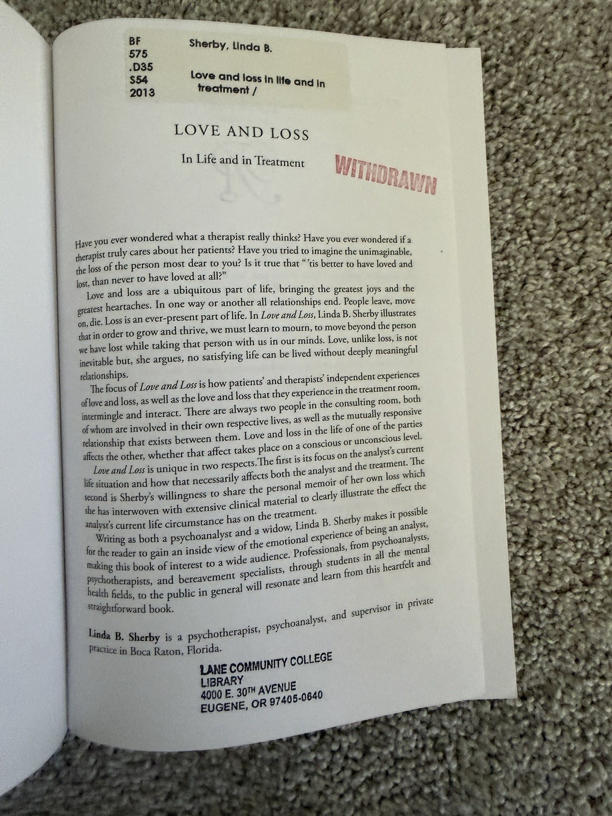 Love and Loss in Life and in Treatment by Linda B Sherby: New