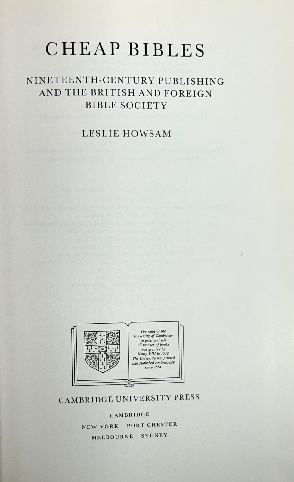 Cheap Bibles: 19th Century Publishing by Leslie Howsam 1991 Hardcover Cambridge