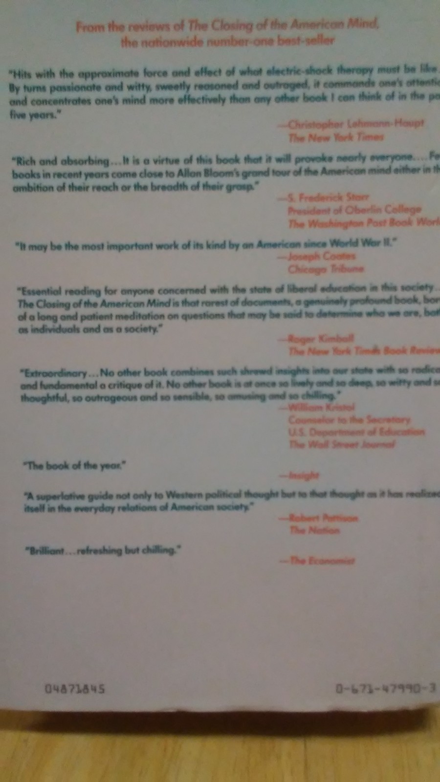 The Closing of the American Mind by Allan Bloom; 1987(B-71V)