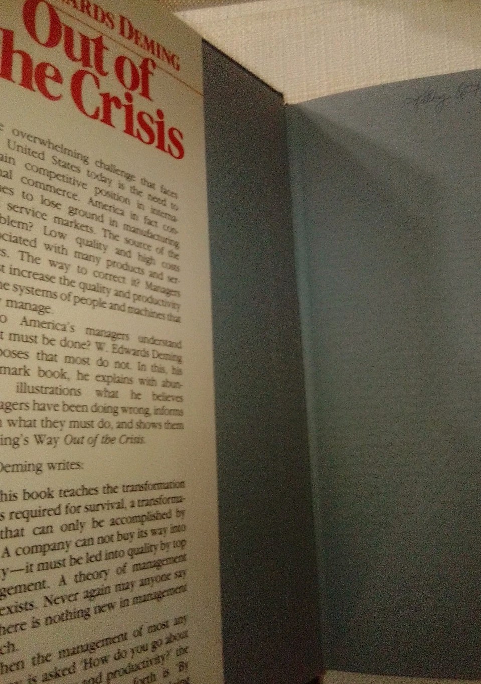 Out of the Crisis by W. Edwards Deming (Hardcover, 1986) 3rd Printing