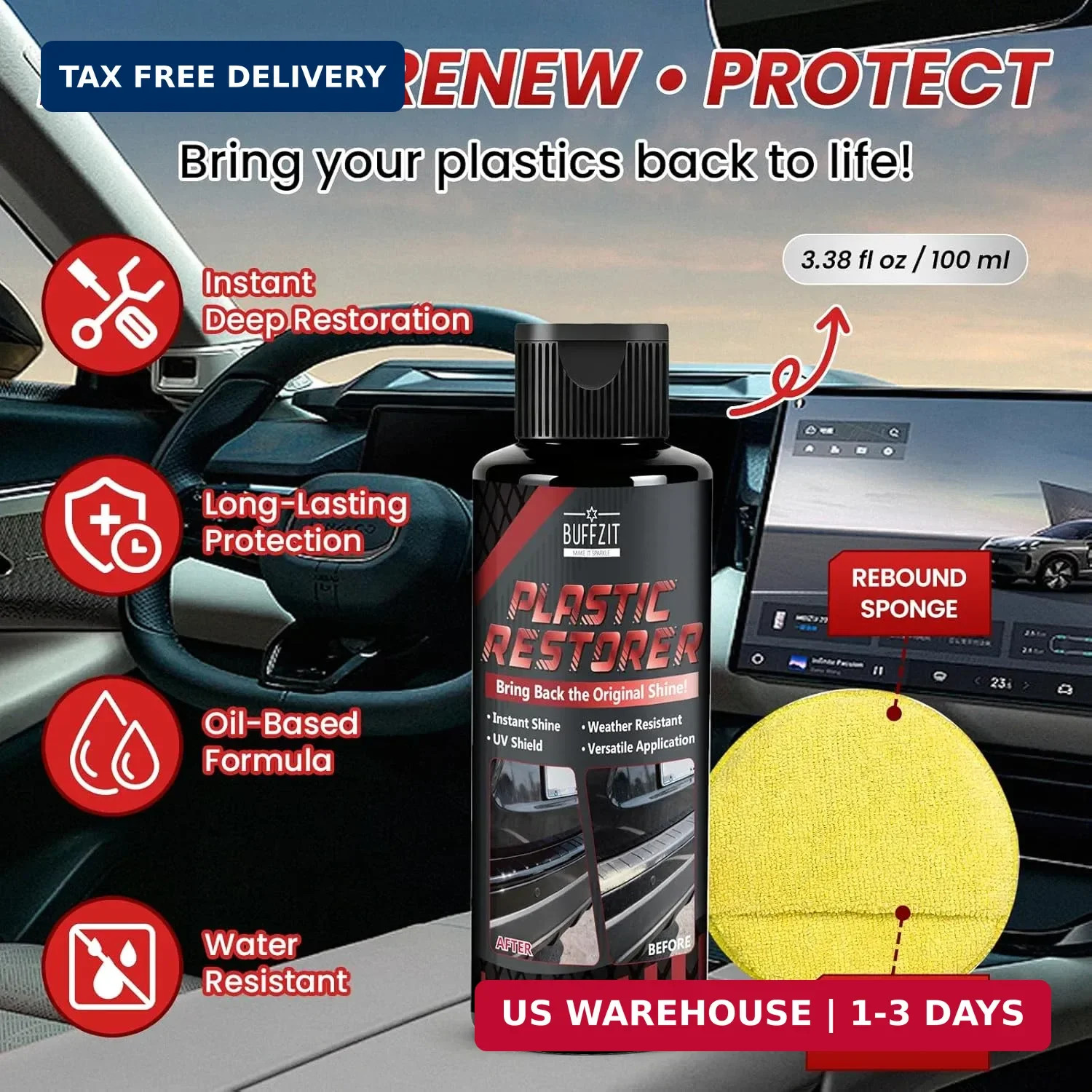 Plastic Restorer for Cars, Black Trim Restorer for Faded Plastic, Vinyl & Rubber