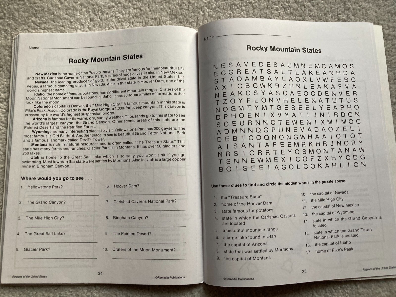 Regions of the US / State the Facts Gr 5-8 Read Level Gr 3-4 Reproducibles