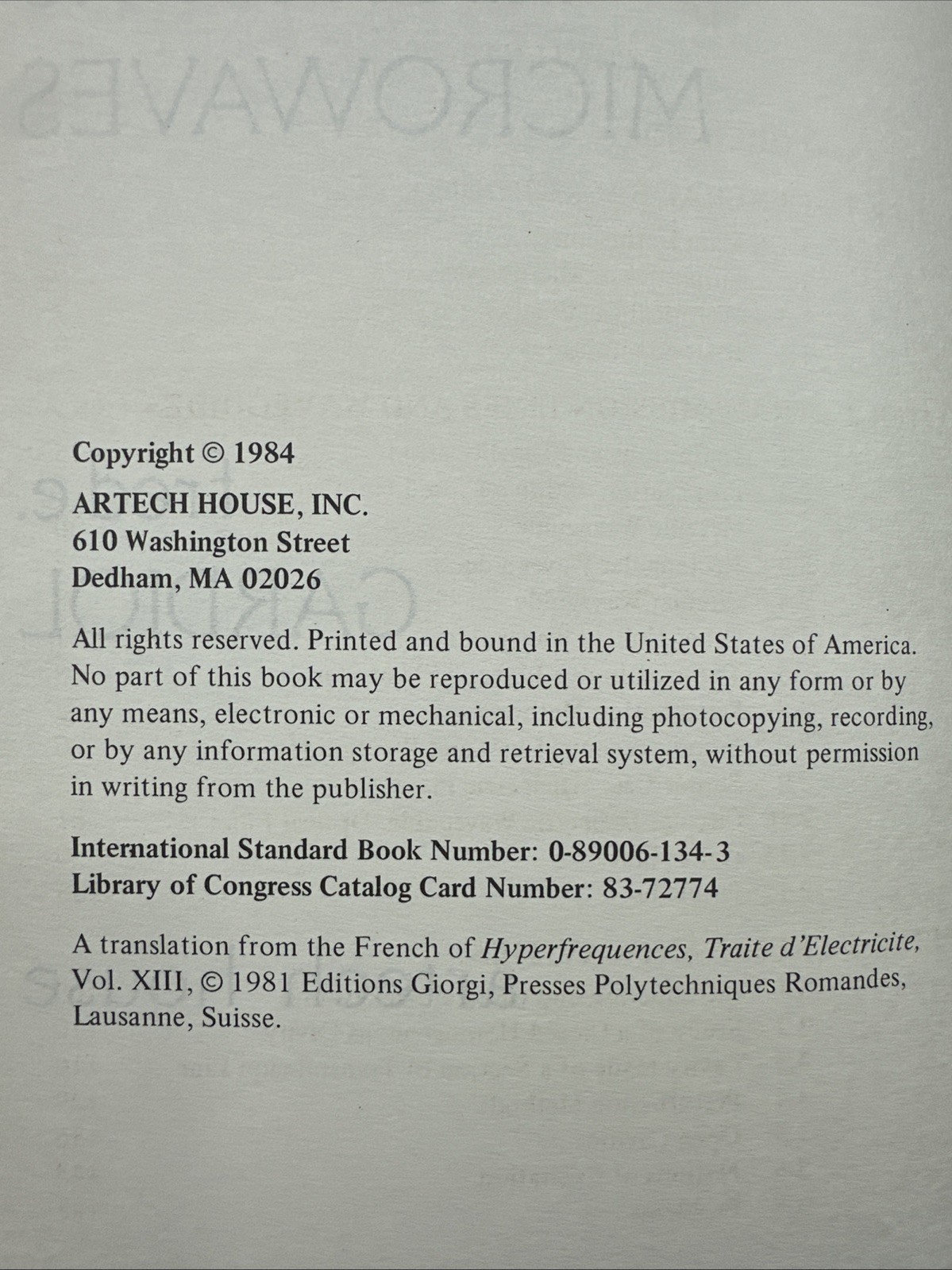 An Introduction to Microwaves By Fred E. Gardiol – Hardcover 1984