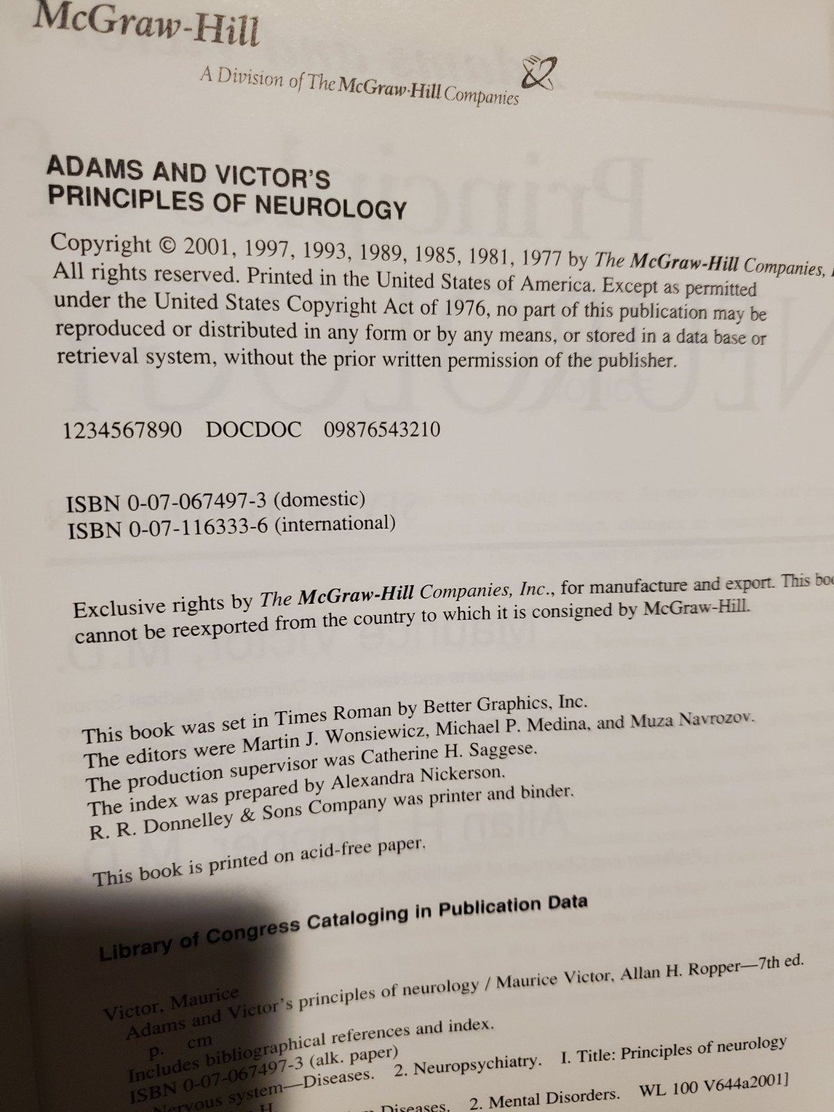 Adams & Victor’s Principles Of Neurology by Maurice Victor 2001 Hardcover Book